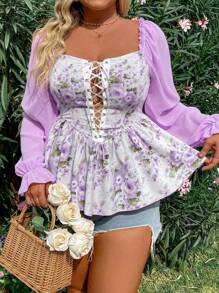 SHEIN SunnyBelle Kích thước lớn Của phụ nữ In hoa Bao biên Shirred Áo sơ mi Với Buộc Và Xù Hoa Sen Chi tiết - Màu tím - Xem 7