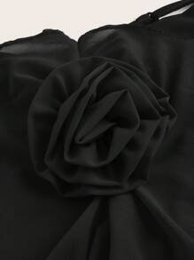Silquee Valentine's Day Dress Red Mesh Ruffle Three-Dimensional Flower Decoration Women's Long Dress - Black - View 7