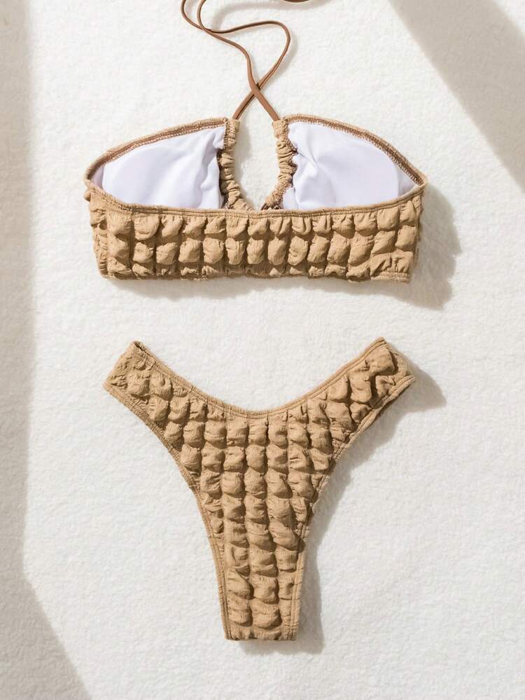 Women's Textured Crisscross Halter Strap Bikini Set, Bikini Set Outfit Beach Swimwear Bathing Suit Summer Beach