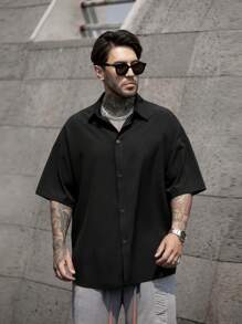 男士学院风美式短袖衬衫 - 黑色 - 查看 4