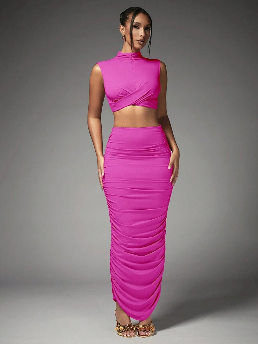 SHEIN BAE 高領褶皺短上衣和貼身裙套裝，適用於休閒派對 - 玫紅色 - 查看 1