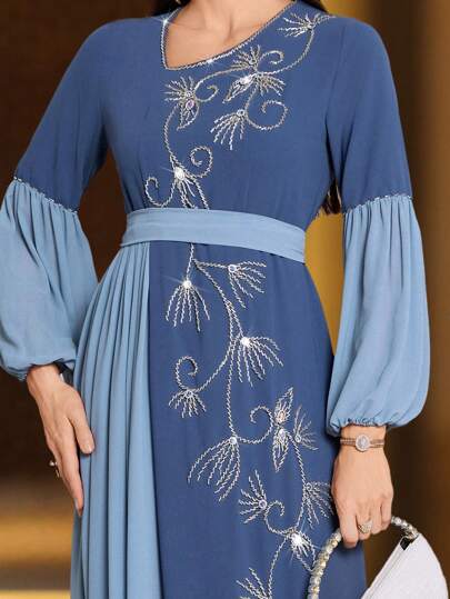 Layrah 色块重型手工缝制水钻和串珠灯笼袖连衣裙，朴素全长卡夫坦连衣裙，优雅奢华晚会风格