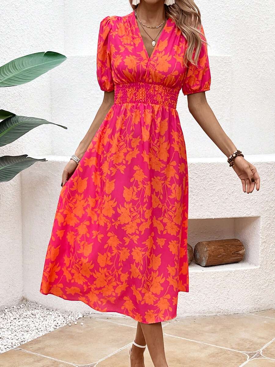 SHEIN VCAY Của phụ nữ Hoa In Ngắn Ống tay áo Bong bóng Đầm - Nhiều màu - Xem 1
