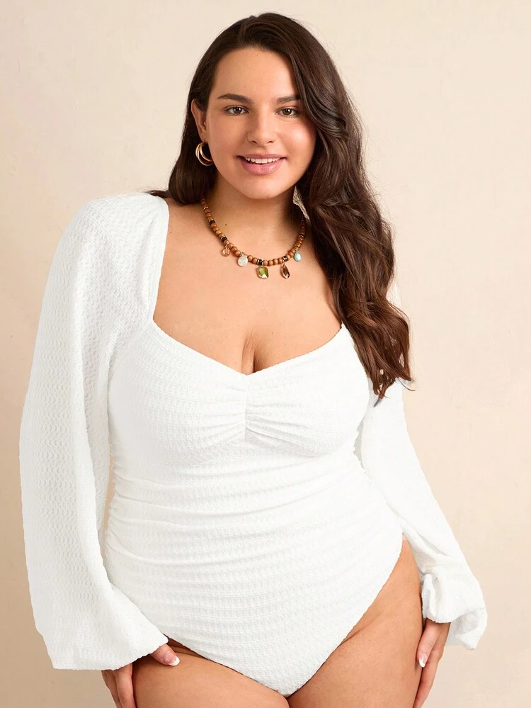 Plus Size Solid Color Sweetheart Neck Lantern Sleeve Chest Pleated Bodysuit