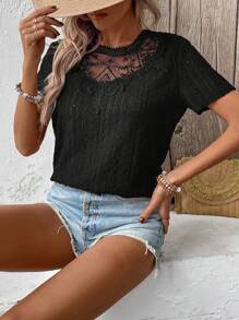EMERY ROSE Camisa De Mujer Con Cuello Redondo Y Manga Corta Con Remiendos De Encaje
