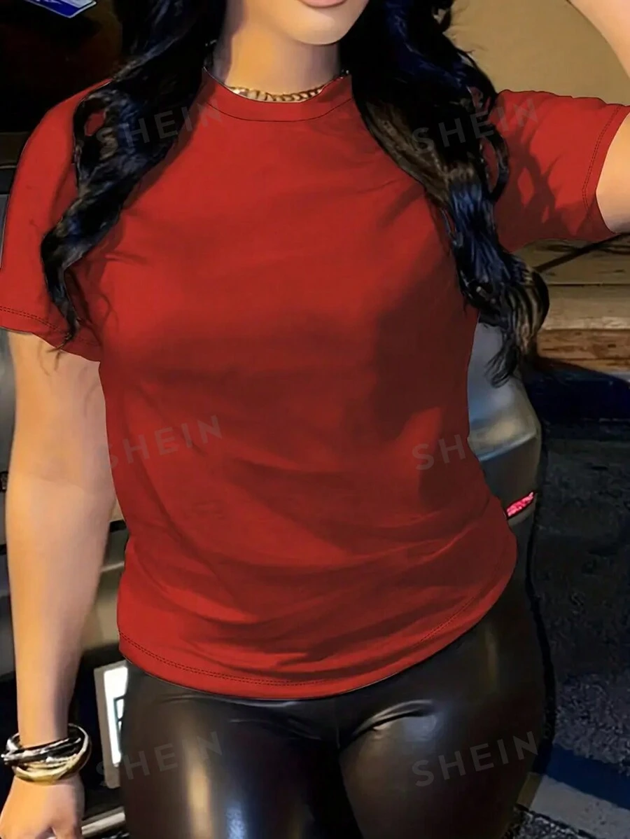 INAWLY Camiseta De Manga Corta Con Cuello Redondo De Color Sólido Para Mujer