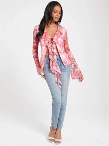 Forever 21 Women's Rose Floral Chiffon Lace-Up Ruffle Hem Bell Sleeve Top - Pink - View 5