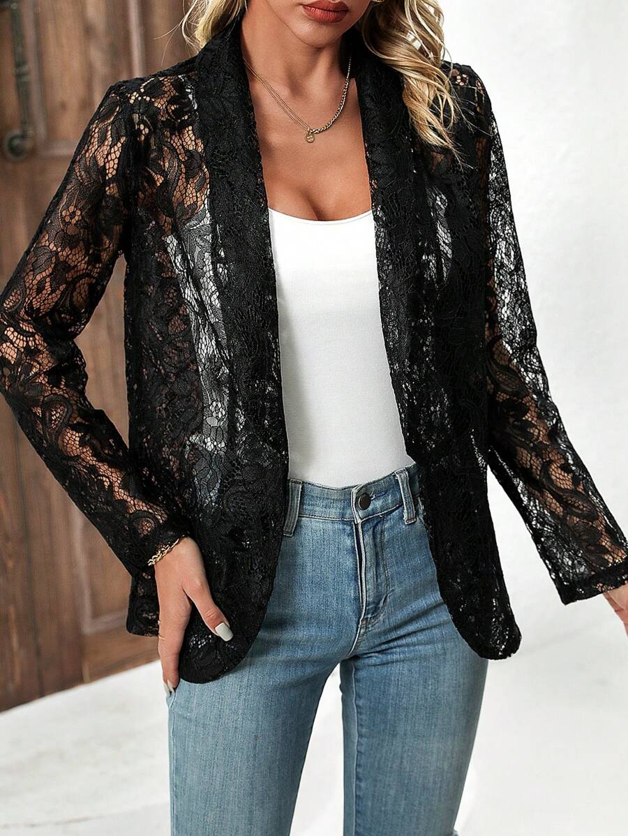 EMERY ROSE Màu thuần Ren mỏng Lỏng lẻo phù hợp Vòng cổ Viễn cảnh Áo khoác - màu đen - Xem 1