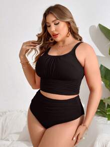 Swim Lushoire Kích thước lớn Của phụ nữ Màu thuần Dây Tankini Ngắn tay Và Không lưng Bikini Ba Lỗ Đáy - màu đen - Xem 4