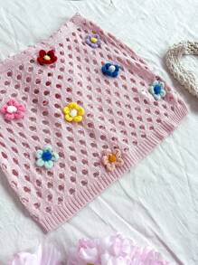 Soleia Knitted Skirt With Hollow Out Needlework & 3d Flower Embellishment Mini Skirts - Pink - View 3
