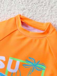 Em bé Con trai Lá thư & Cây cọ In Ngắn tay Đồ bơi Và Quần bơi Trunk , Bộ đồ tắm bờ biển Mùa hè Kỳ nghỉ - trái cam - Xem 6