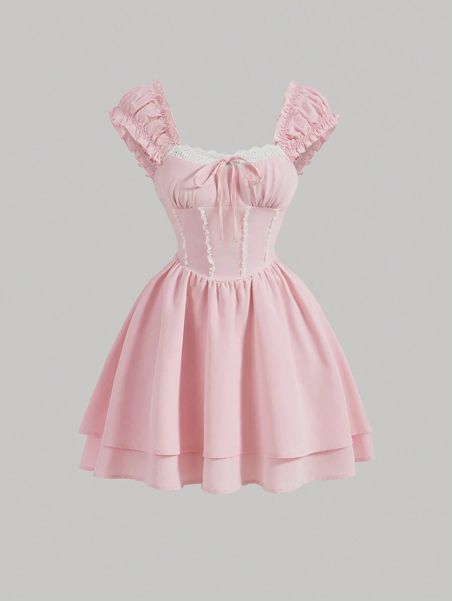 SHEIN MOD Vestido de mujer con encaje contrastante, tirantes anchos, cintura definida y corte acampanado - Rosa - Ver 1