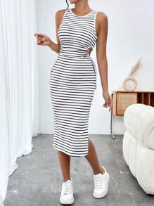 Calvaya Women's Round Neck Striped Sleeveless Dress With Hollow Out Waist And Tie Belt Maxi Women Outfit - Black and White - View 6