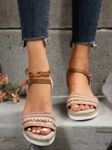 Giày sandal đế xuồng dày phong cách Bohemian dệt giản dị mùa hè cho nữ - Hồng - Xem 7