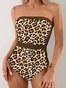 SHEIN Swim Summer Patchwork Leopard Print Strapless Slim Fit One Piece Swimsuit - Multicolor - View 1