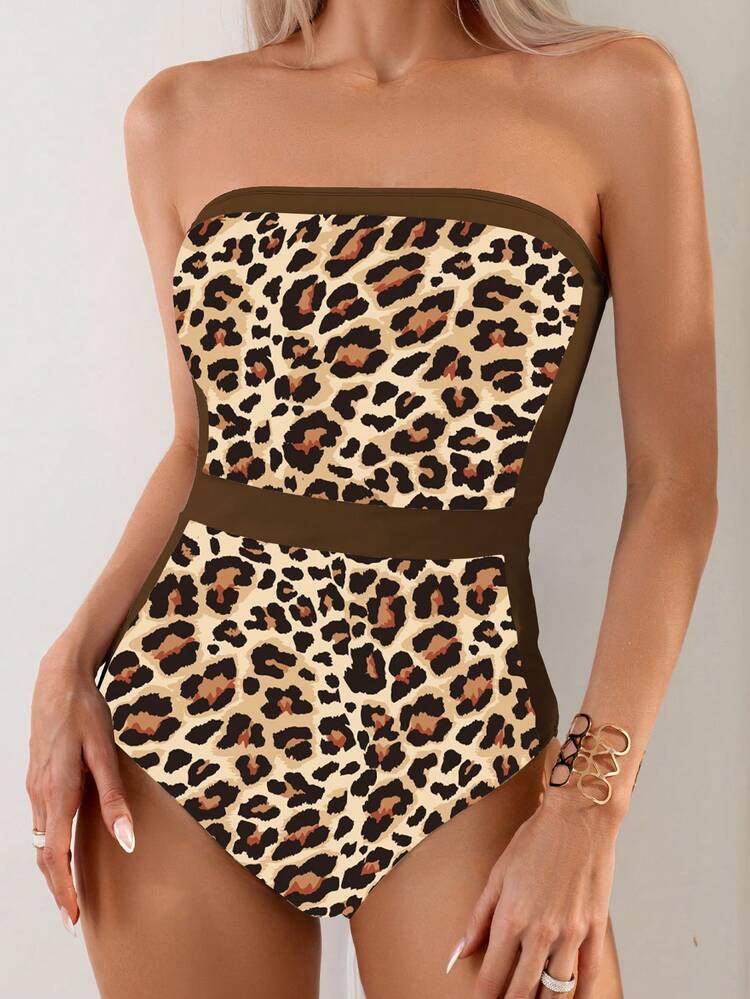 Summer Patchwork Leopard Print Strapless Slim Fit One Piece Swimsuit