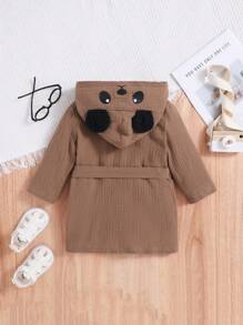 SHEIN 嬰兒男女加入卡通動物圖案3d耳部設計連帽浴袍,前扣綁帶 - 卡其色 - 查看 4