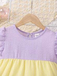 SHEIN Vintaside Kids Young Girls' Striped Color Block Ruffle Trimmed Dress With Decorative Bow - Multicolor - View 3