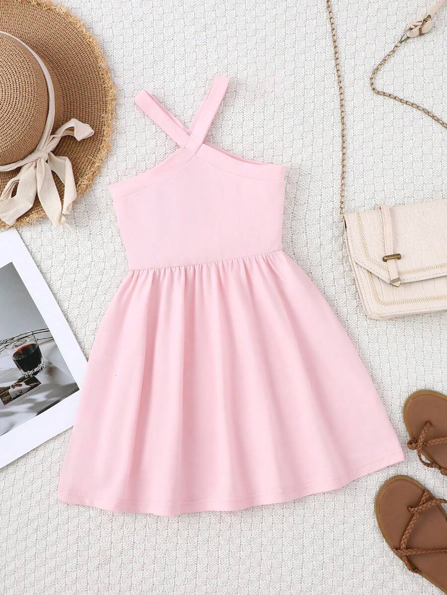 SHEIN 少女純色露背連身裙 - 粉色 - 查看 1