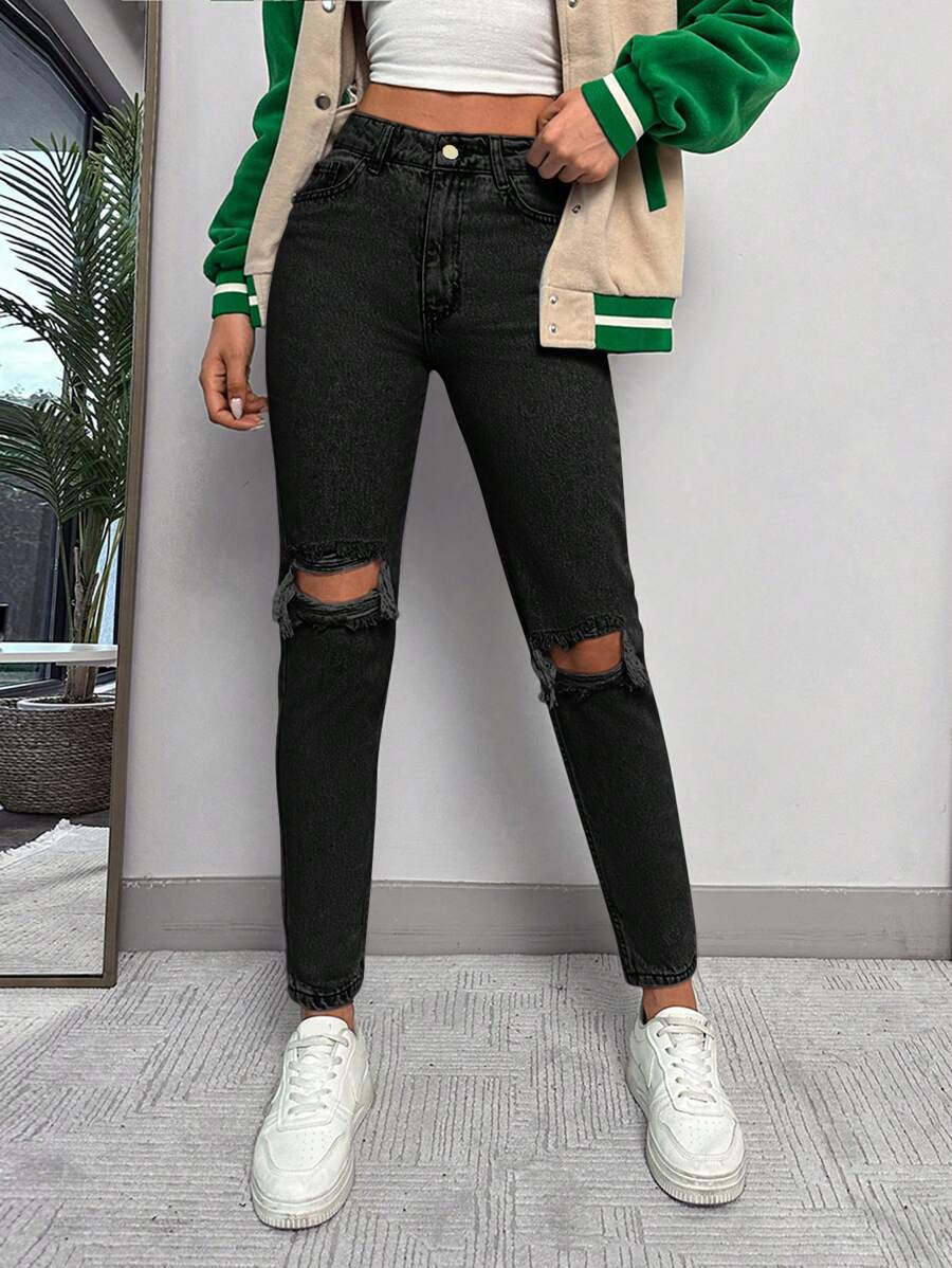 EURMUSE Ripped High Waist Skinny Jeans - Black - View 1