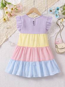 SHEIN Vintaside Kids Young Girls' Striped Color Block Ruffle Trimmed Dress With Decorative Bow - Multicolor - View 2