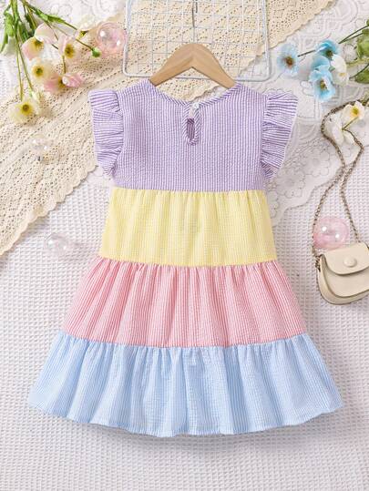 SHEIN Vintaside Kids 少女條紋拼色荷葉邊裝飾蝴蝶結連衣裙