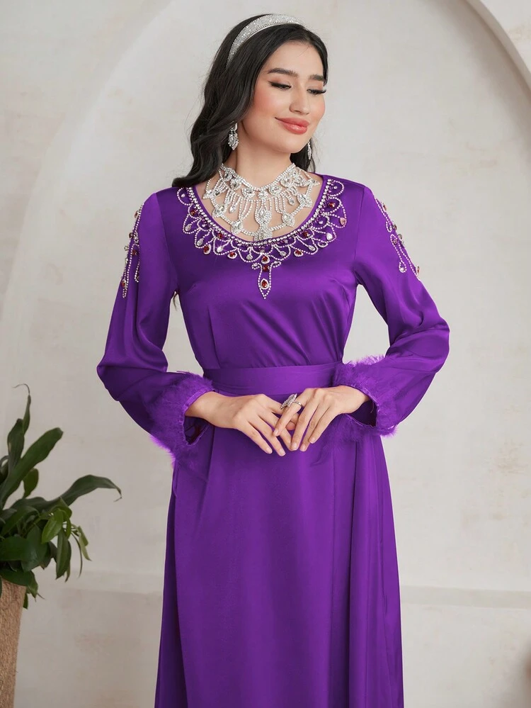 Women's Dress With Rhinestone Decoration, Fur Patchwork And Lantern Sleeves Long Evening Dresses