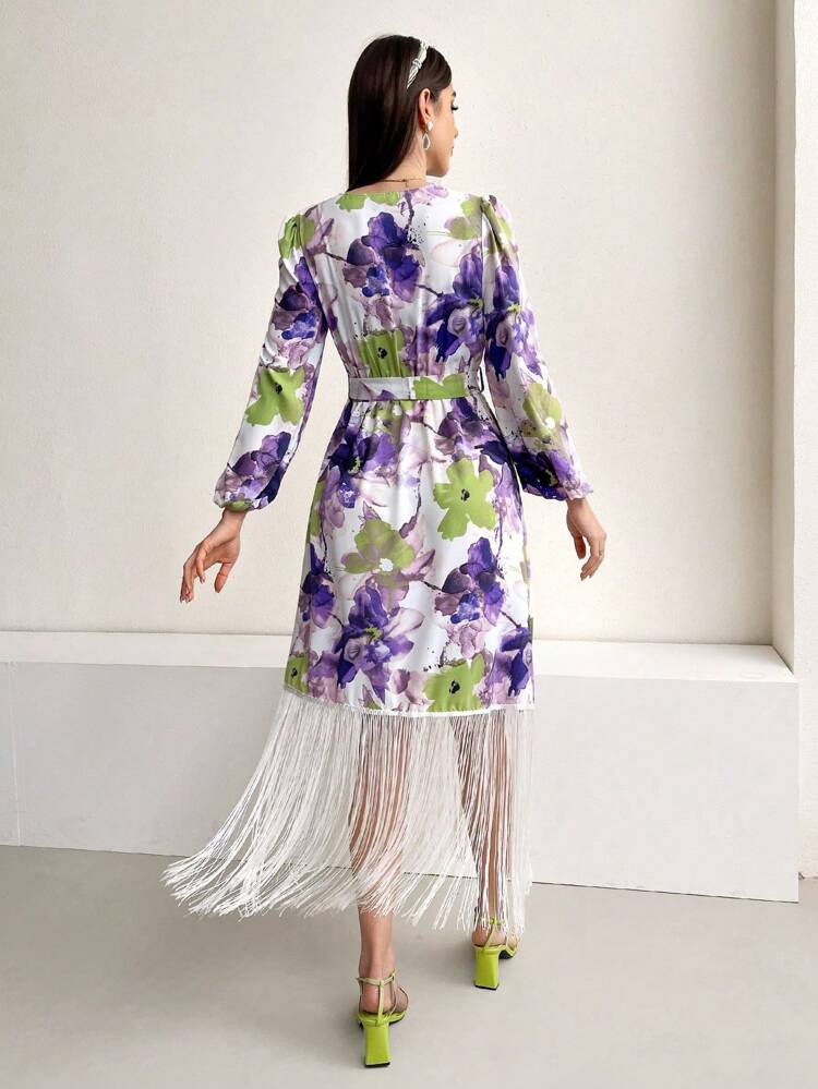 Women's Floral Printed Fringe Hem Wrap Dress Fall Cloth For Women