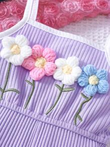 Baby Girl 3d Flower Color Blocking Edge Strap Romper - Purple - View 3