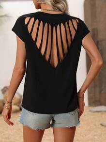 SHEIN LUNE Của phụ nữ Xu hướng: Cắt giảm Trở lại tay cánh Áo thun - màu đen - Xem 2
