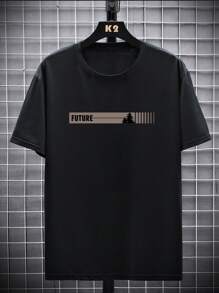 男士休闲字母印花圆领短袖 T 恤 - 黑色 - 查看 2