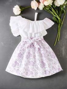 SHEIN Young Girl Fashionable Ruffle Edge Top And Floral Print Skirt Set For Summer - Multicolor - View 3