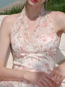 Vestido Casual Com Estampa Floral E Decote Halter Com Cintura Apertada - Multicolorido - Ver 3