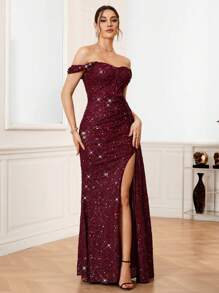 SHEIN Belle 勃艮第红色女士露肩高开衩亮片晚礼服、派对礼服、长袍、正式礼服、婚礼宾客礼服