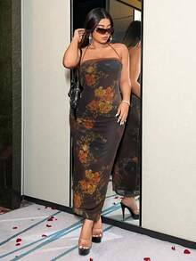 Flirla Kích thước lớn In hoa Bên Khe Halterneck Đầm - Nhiều màu - Xem 4