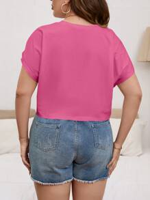 SHEIN Essnce Plus Size Women's Solid Color Casual Comfortable Short T-Shirt - Pink - View 2