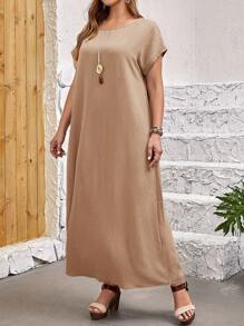 EMERY ROSE Plus Size Solid Color Loose Fit Round Neck Batwing Sleeve Dress - Khaki - View 5