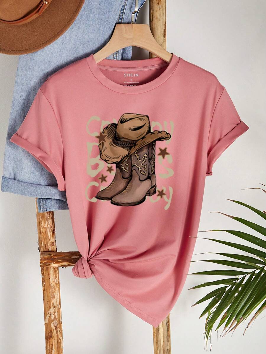 INAWLY Camiseta Con Estampado De Botas De Vaquero - Rosado Sandía - Ver 1