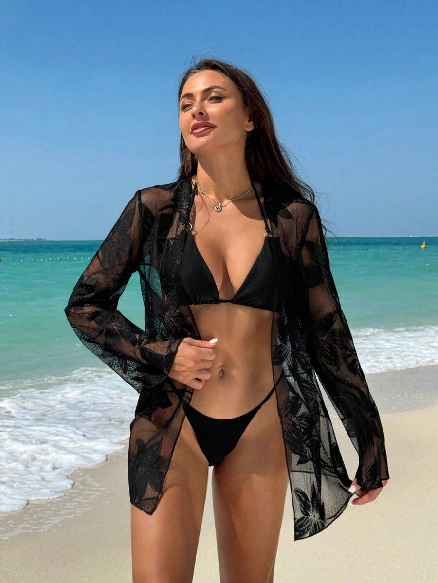 SHEIN Swim Women's Summer Beach Floral Jacquard Mesh Sheer Kimono - Black - View 1