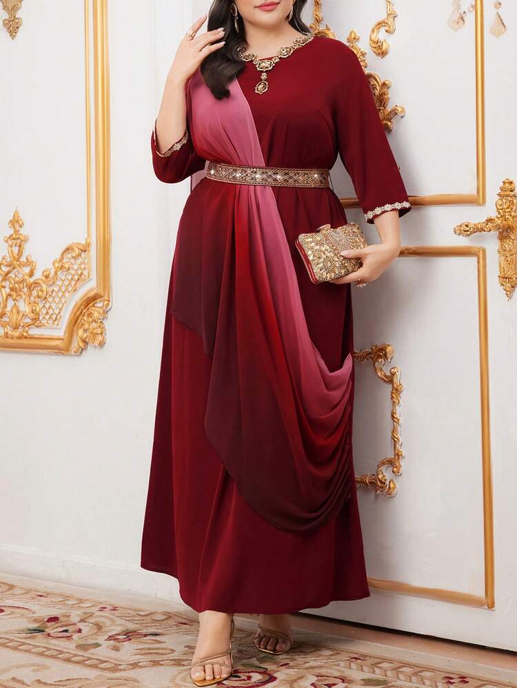 Burgundy Red Plus Size Gradient Wrap Dress Long Evening Dresses