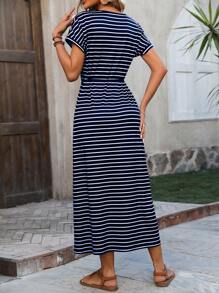 EMERY ROSE Round Neck Striped Tie Waist Casual Dress - Royal Blue - View 2