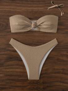 SHEIN Swim 純色紋理比基尼套裝 - 咖啡棕 - 查看 4