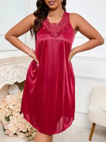 LuxeNights Plus Guipure Lace Trim Satin Nightdress, Moo Moo Night Dress