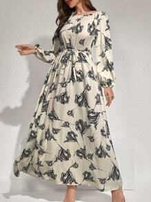 Modelyn Flower Print Belted Arabic Long Dress Long Evening Dresses - Multicolor - View 3