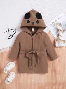 SHEIN 嬰兒男女加入卡通動物圖案3d耳部設計連帽浴袍,前扣綁帶 - 卡其色 - 查看 3