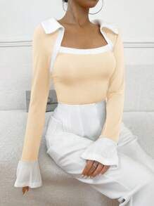 SHEIN Privé Square Neck Colorblock Trim Bell Sleeve T-Shirt - Khaki - View 3