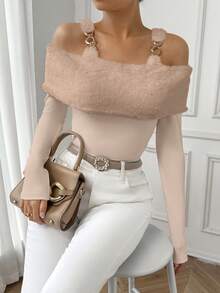 SHEIN Privé Áo thun dài tay hở vai bồng bềnh có chi tiết kim loại cho nữ - Màu Khaki - Xem 6