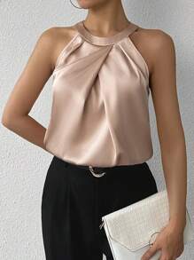 SHEIN Privé 女士日常工作服，简约优雅，香槟色褶皱吊带缎面衬衫，无袖上衣，适合毕业典礼、教师节、返校季等场合。 - 彩色 - 查看 3