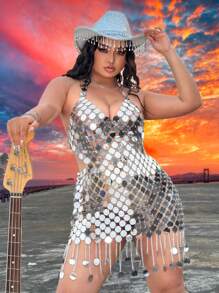 SHEIN SXY 大尺碼女士閃亮露背綁頸連衣裙 - 金色 - 查看 6