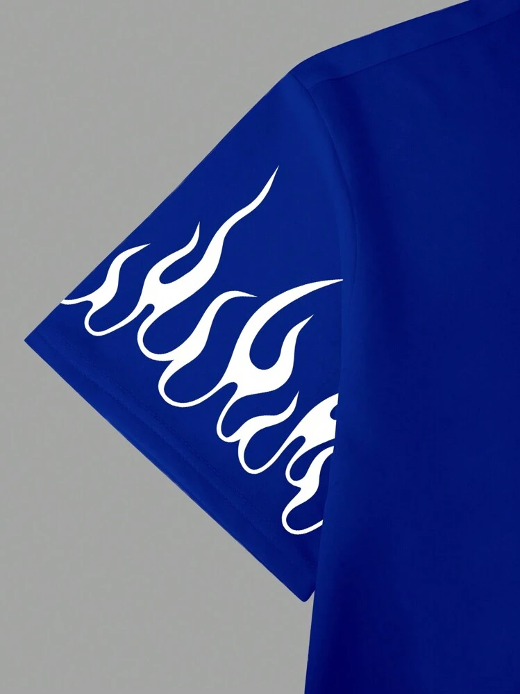 Manfinity LEGND 男式寬鬆短袖t恤衫,印有標語和火焰圖案 - 藍色 - 查看 3